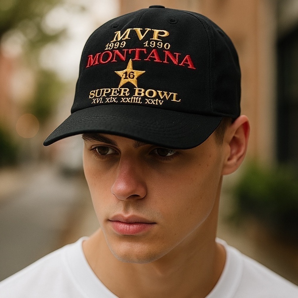 Vtg Joe Montana Hat Cap Snap Back Black Wool Super Bowl MVP 1989 49ers Football